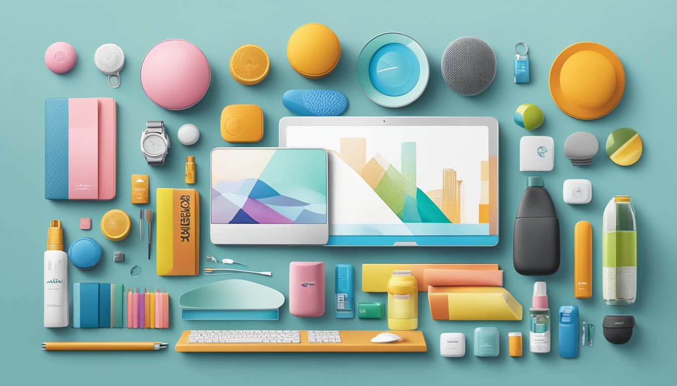 A sleek logo sits atop a modern product, surrounded by various items representing the brand's diverse range of offerings