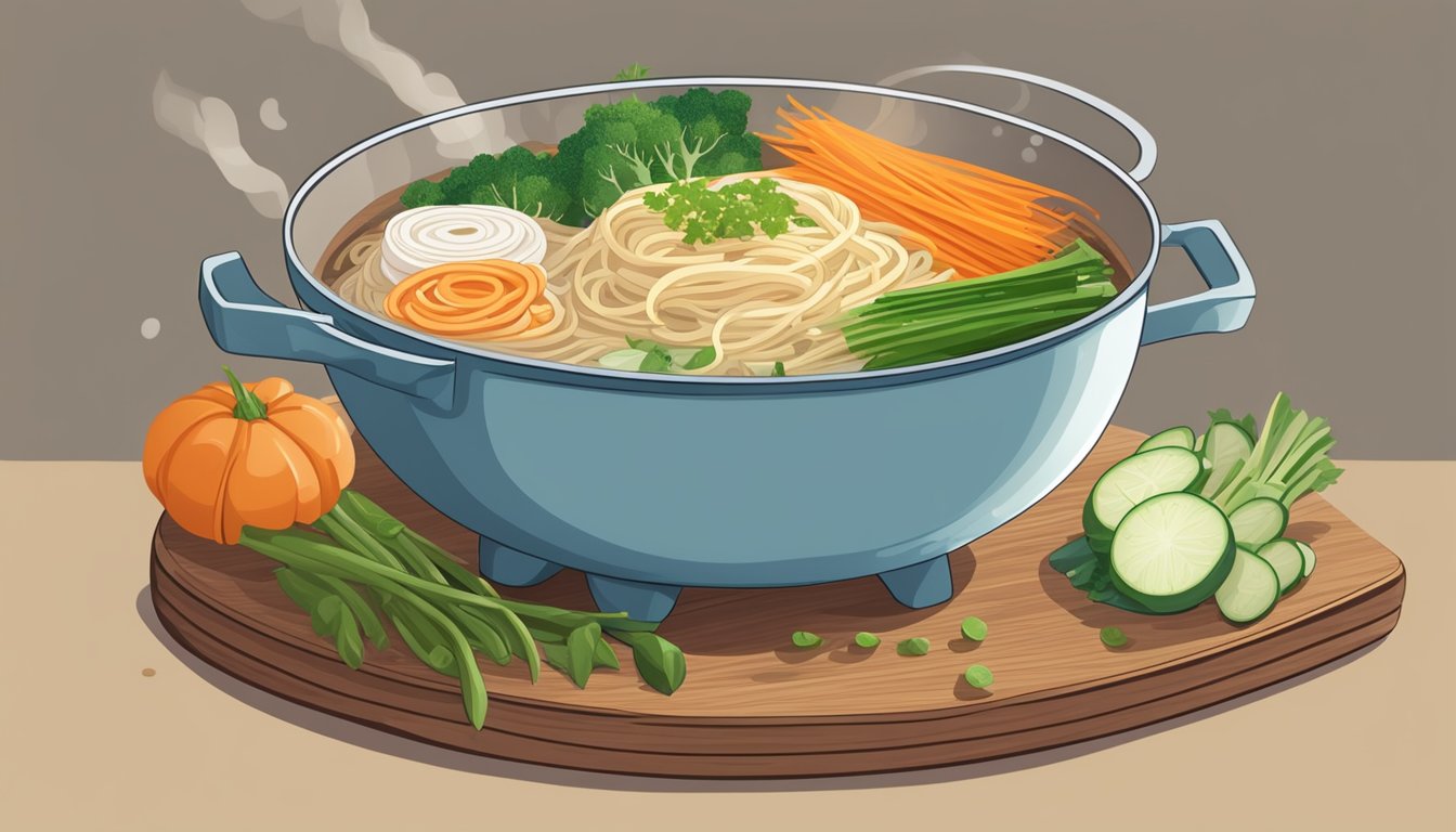 A pot of boiling water with mee hoon noodles swirling inside, surrounded by fresh vegetables and seasonings on a wooden cutting board