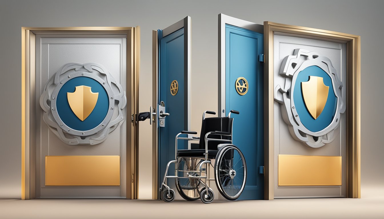 A brand logo with a lock and wheelchair symbol, surrounded by open doors and privacy shields