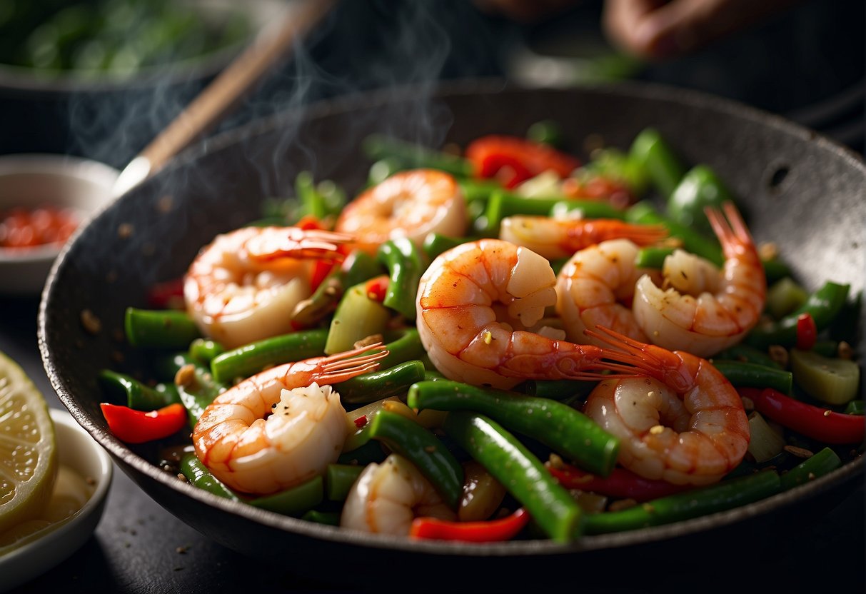 A wok sizzles as drunken prawns are stir-fried in a fragrant sauce with ginger and garlic, surrounded by vibrant green scallions and red chili peppers