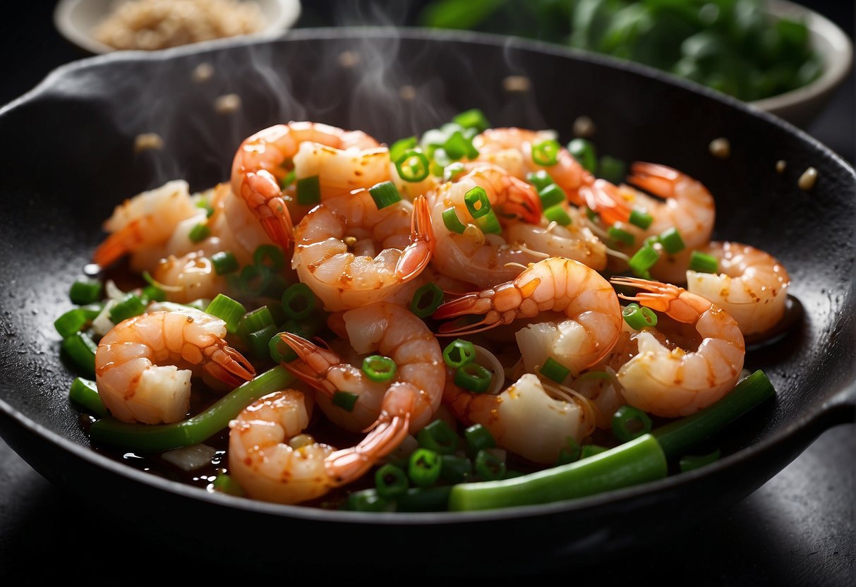 A wok sizzles as shrimp dance in a fragrant mix of soy sauce, ginger, and Shaoxing wine. The shrimp curl and turn pink, releasing their intoxicating aroma. Green onions and garlic add a final flourish before the dish