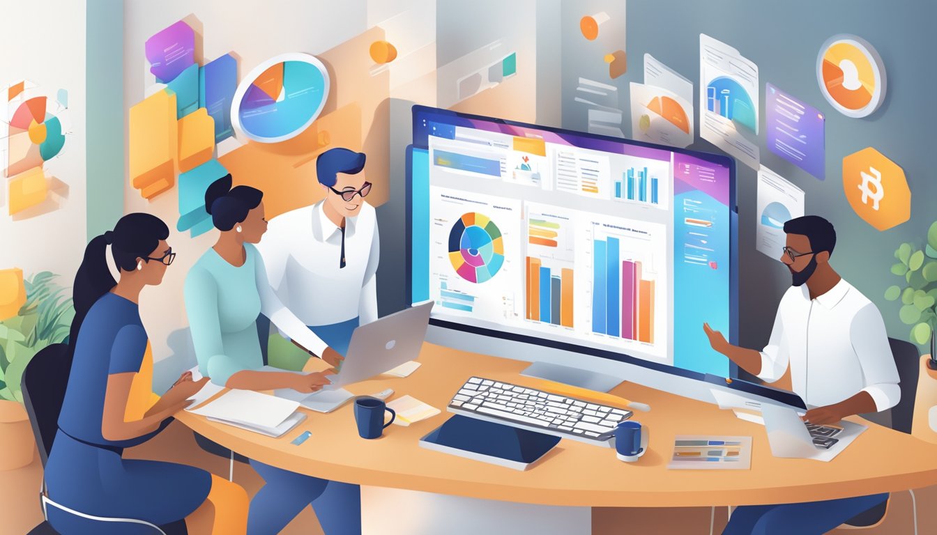 A group of professionals gathered around a computer, comparing and analyzing various employer branding software options. Charts and graphs displayed on the screen show data points and key features