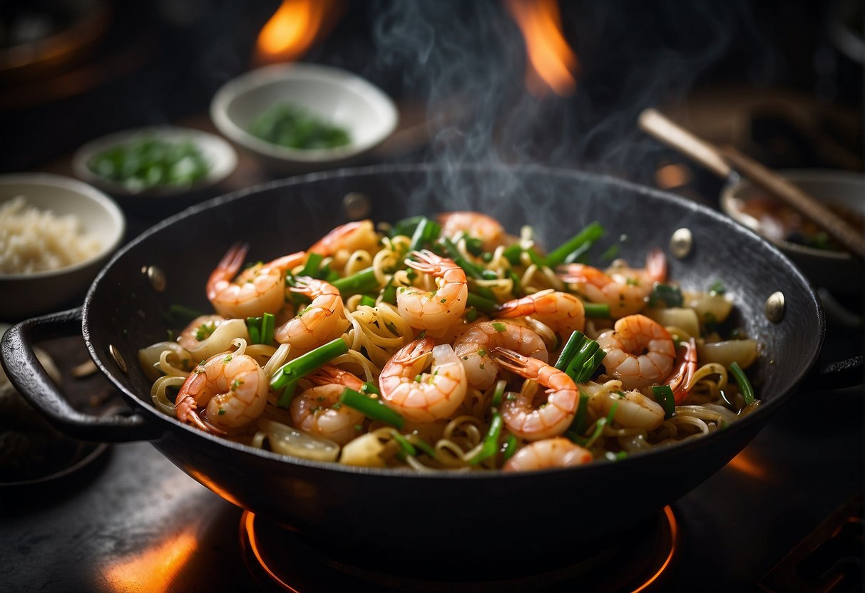 A chef stir-fries drunken shrimp in a wok with ginger, garlic, and scallions. The shrimp are drenched in Shaoxing wine, creating a sizzling and aromatic dish