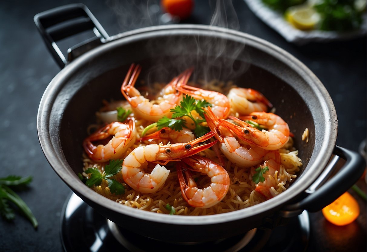 Prawns sizzling in a wok with ginger, garlic, and chili. A splash of Chinese rice wine ignites a burst of flames, adding a dramatic touch to the cooking process