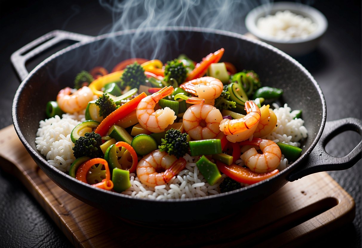 A sizzling wok with plump, juicy prawns bathed in a fragrant, boozy sauce, surrounded by vibrant stir-fried vegetables and steaming white rice