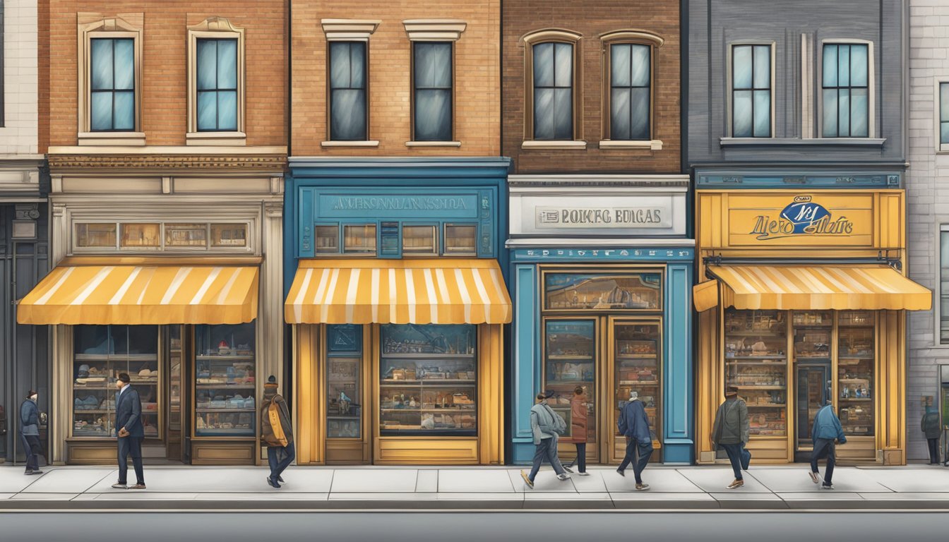 A row of iconic American menswear logos displayed on storefronts in a bustling urban setting