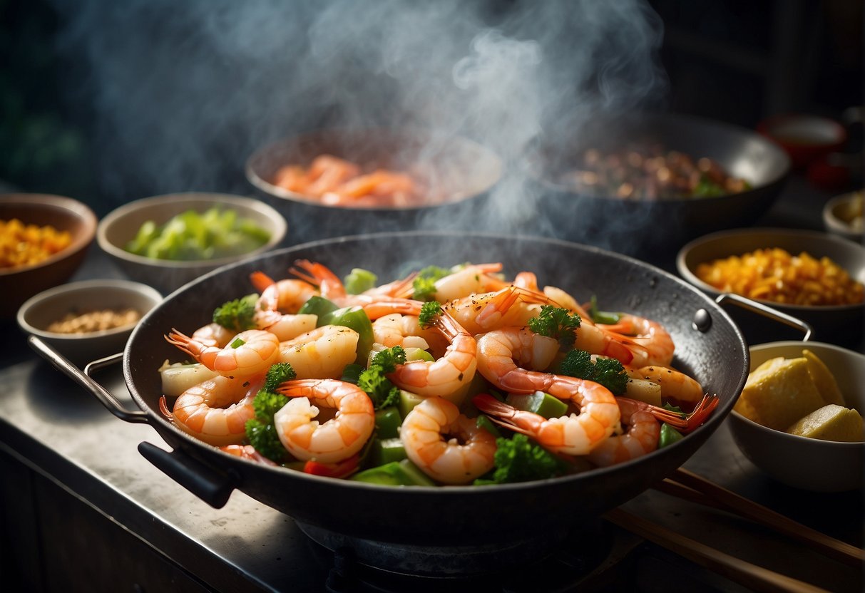 A sizzling wok filled with plump, marinated prawns, surrounded by colorful Chinese ingredients and steaming with fragrant, boozy vapors