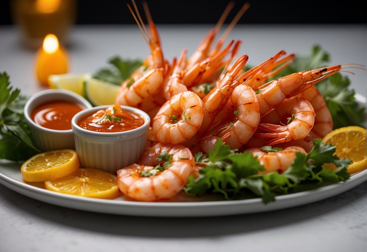 Drunken shrimp arranged on a platter with vibrant garnishes and a side of spicy dipping sauce