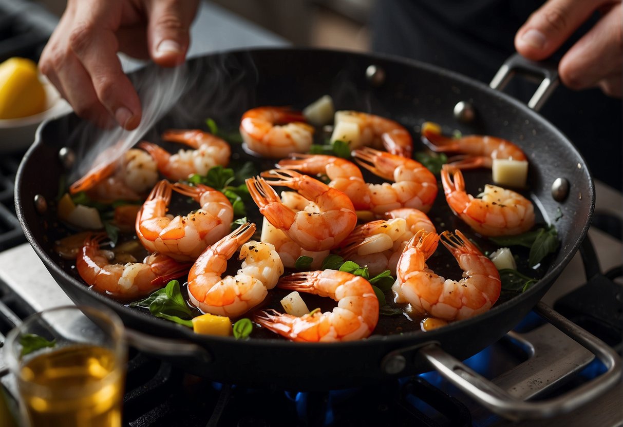 A chef carefully adds alcohol to sizzling shrimp in a hot pan, following safety guidelines