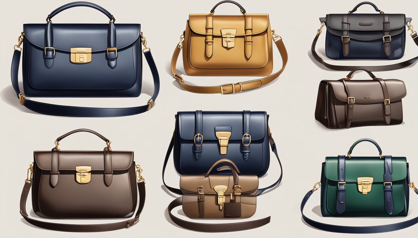 A display of English handbag brands, showcasing various styles and designs, with elegant logos and high-quality materials