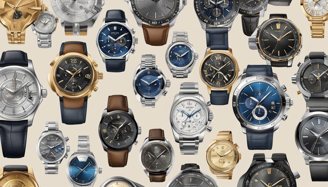 A display of various mens watch brands arranged on a sleek, modern countertop