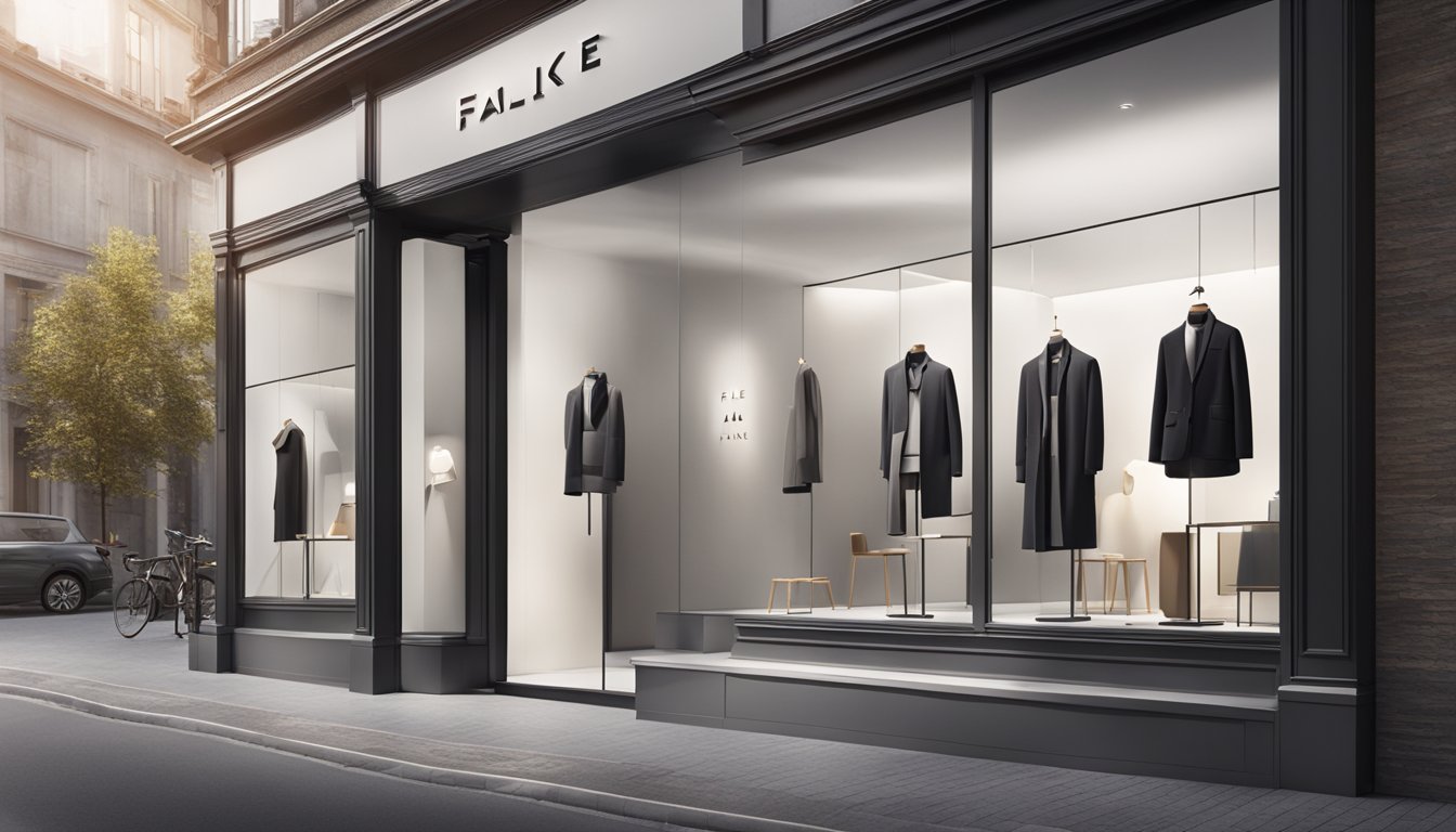A sleek, modern storefront displays the Falke brand logo, with clean lines and high-quality materials. Bright lighting highlights the innovative design