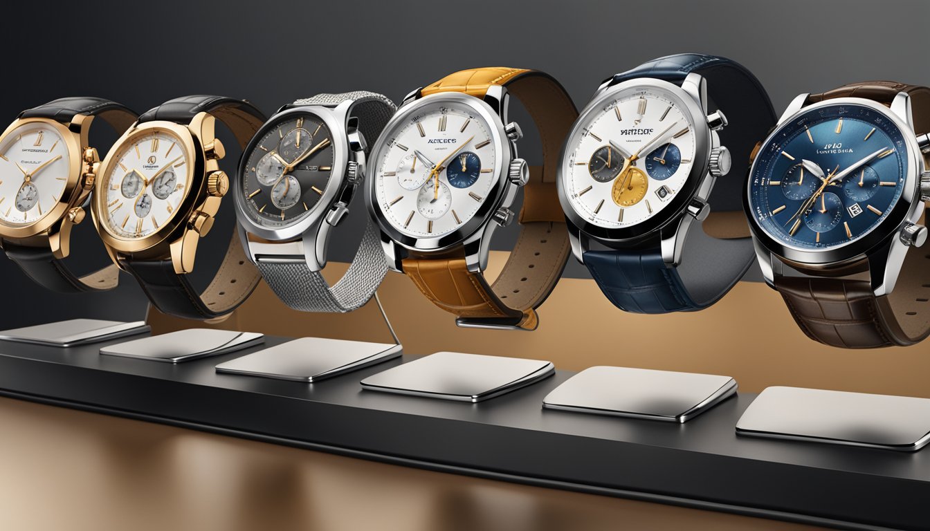 A display of iconic men's watch brands arranged on a sleek, modern watch stand, with each brand's logo prominently featured