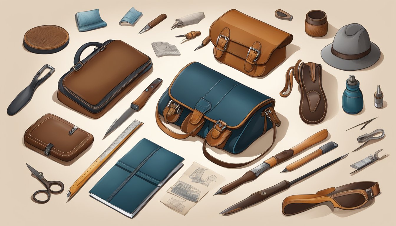 A table with tools, leather, and sketches. A craftsman meticulously stitches a logo onto a handbag, surrounded by materials and finished products