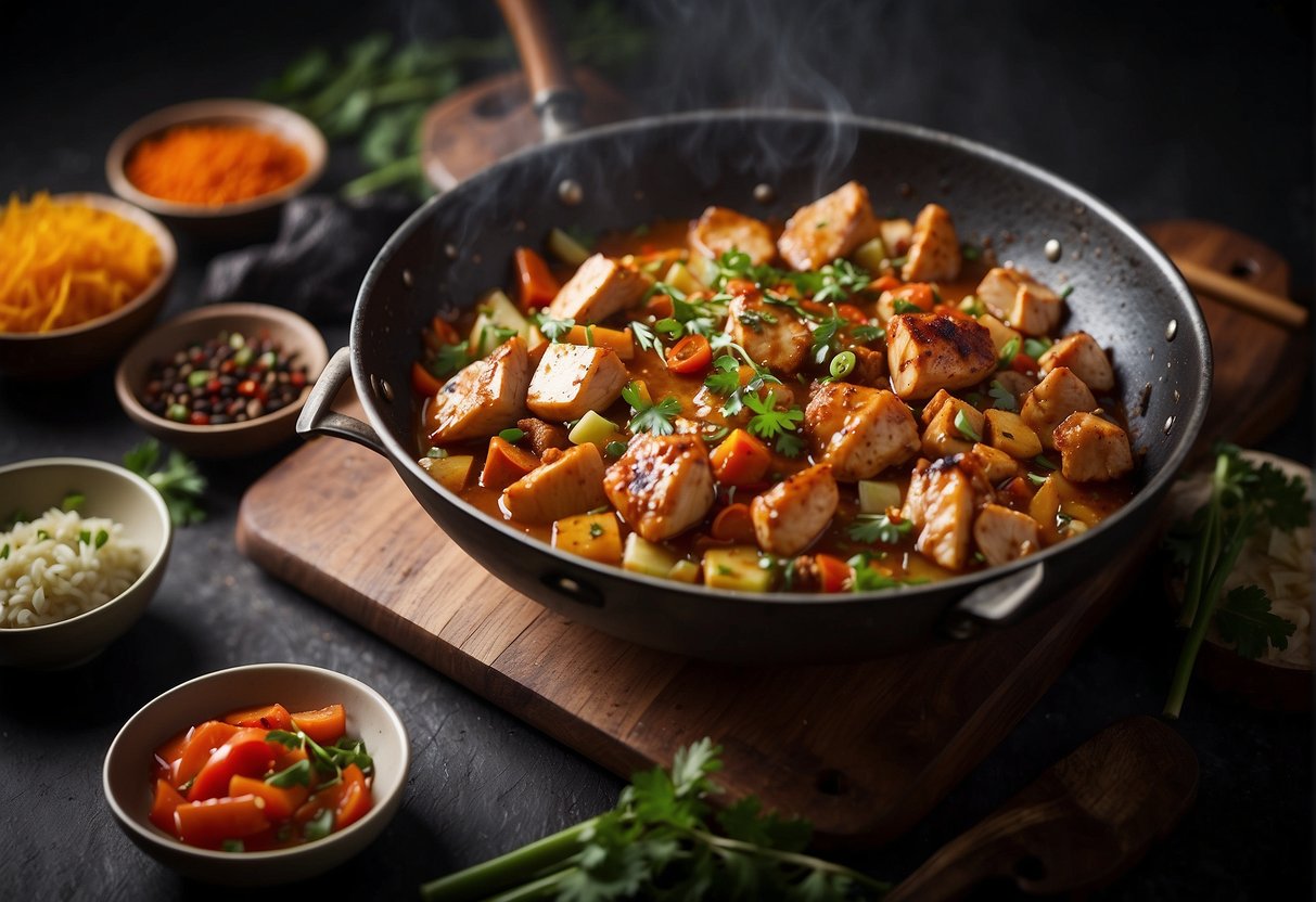 A sizzling wok with chunks of marinated chicken, simmering in a rich and fragrant butter sauce, surrounded by traditional Chinese spices and herbs