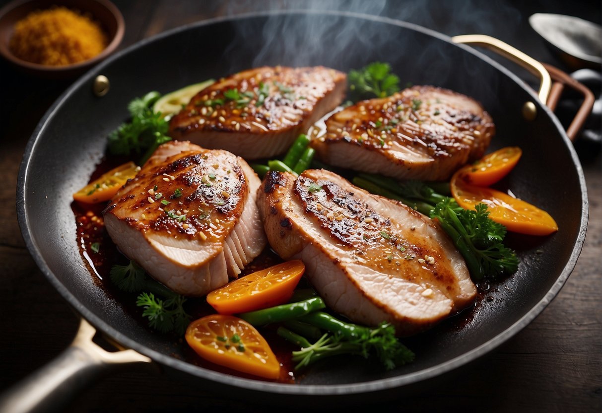 A sizzling duck breast is being pan-seared in a wok with aromatic Chinese spices and sauces, creating a mouthwatering aroma