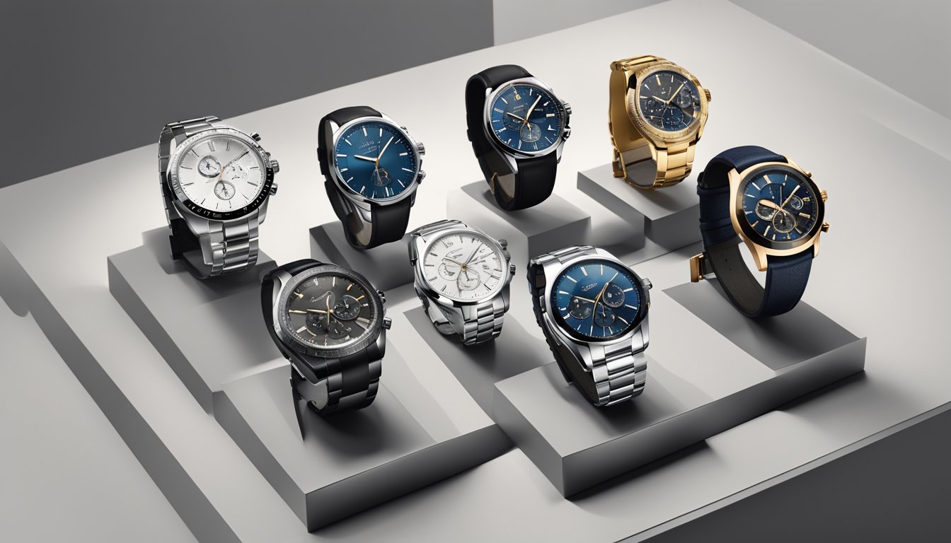 Various mens watch types displayed on a sleek, modern watch display stand, showcasing a range of specialized watch brands