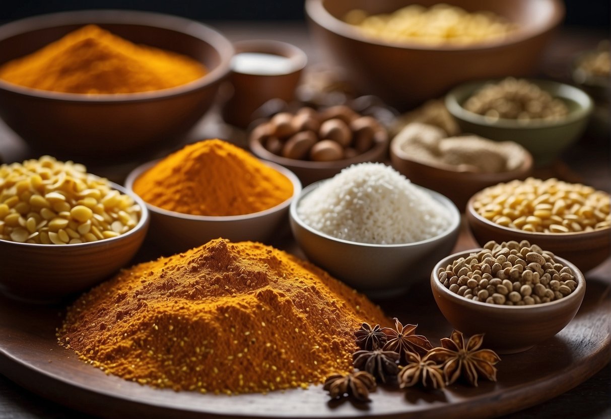 A table with various dry ingredients and Chinese spices, alongside a list of potential substitutions for a butter chicken recipe