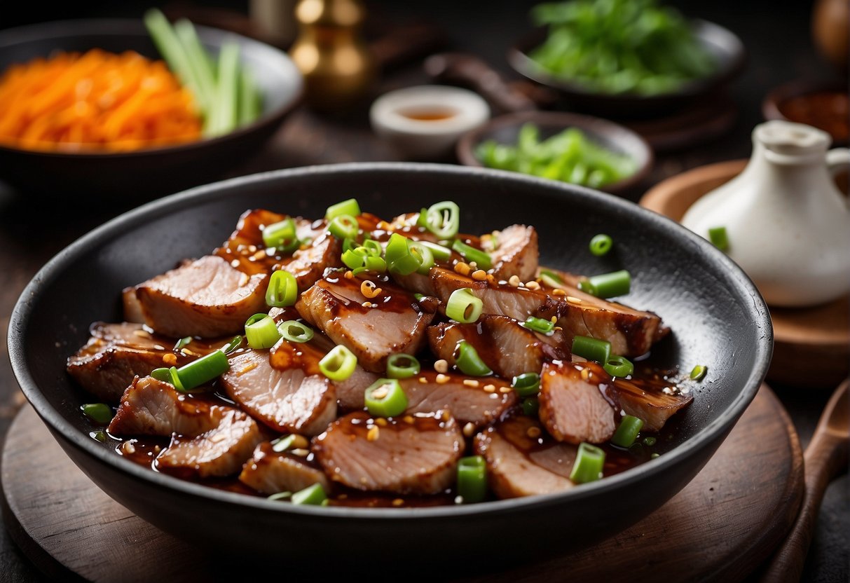 A sizzling wok with marinated duck breast, ginger, and garlic, surrounded by soy sauce, hoisin, and green onions