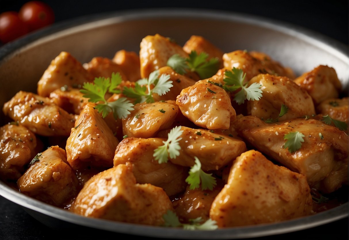 Chicken pieces marinating in a mixture of dry butter chicken recipe and Chinese spices