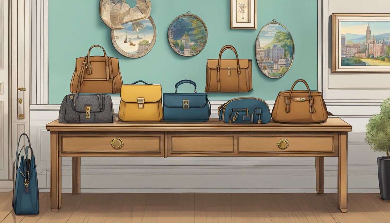 A table with various English handbags displayed, a sign reading "Frequently Asked Questions" above them