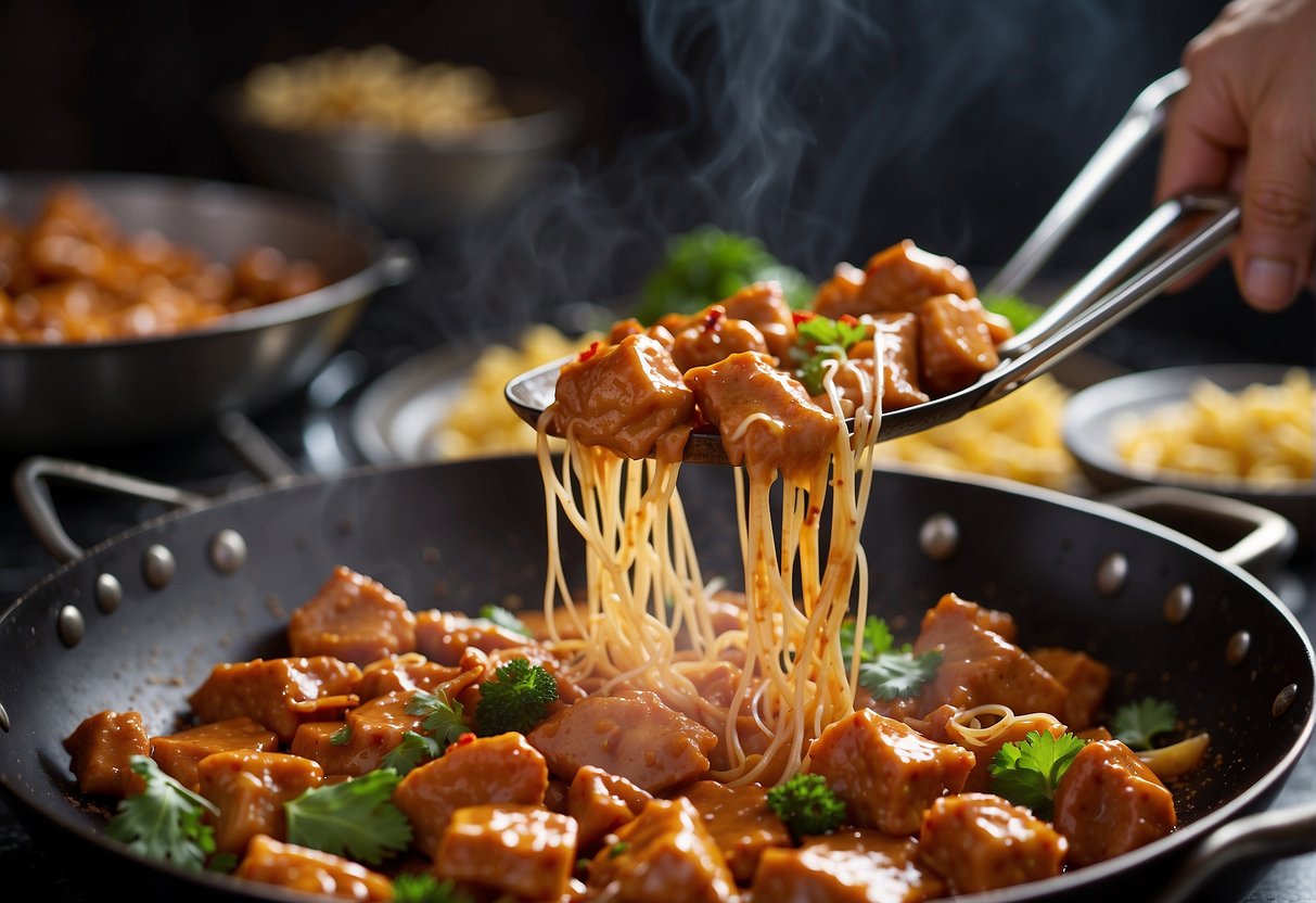 A wok sizzles as dry butter chicken is stir-fried with Chinese spices