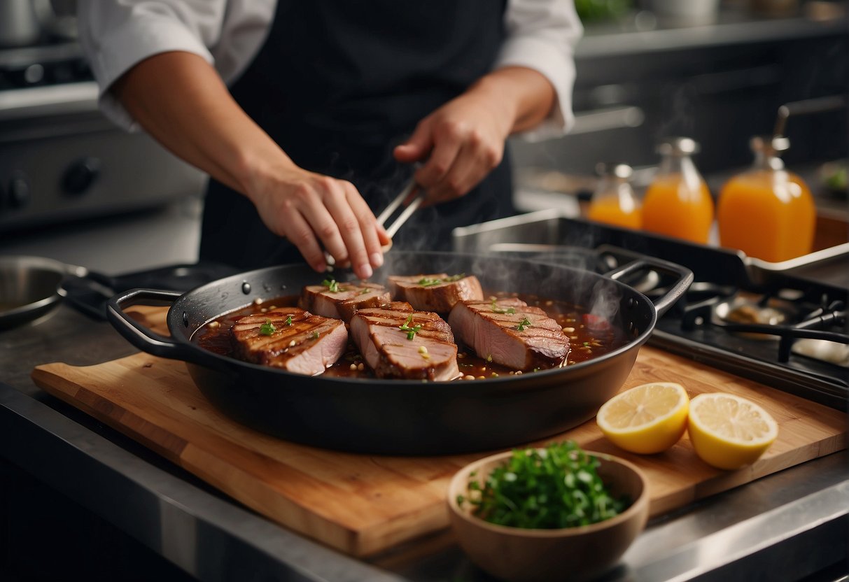 A chef marinates duck breast in soy sauce, ginger, and garlic. Then, he sears it in a hot pan until golden brown