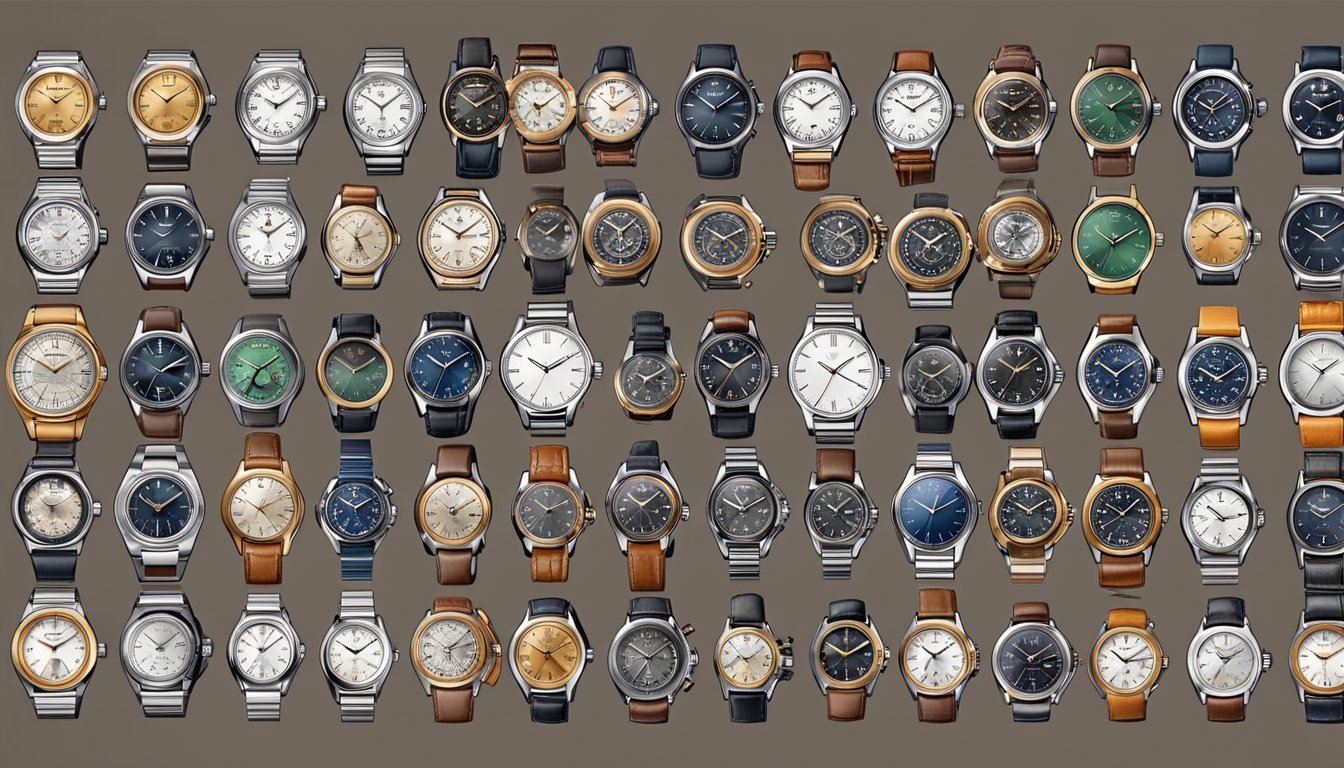 A table with a variety of men's watch brands displayed in a neat and organized manner