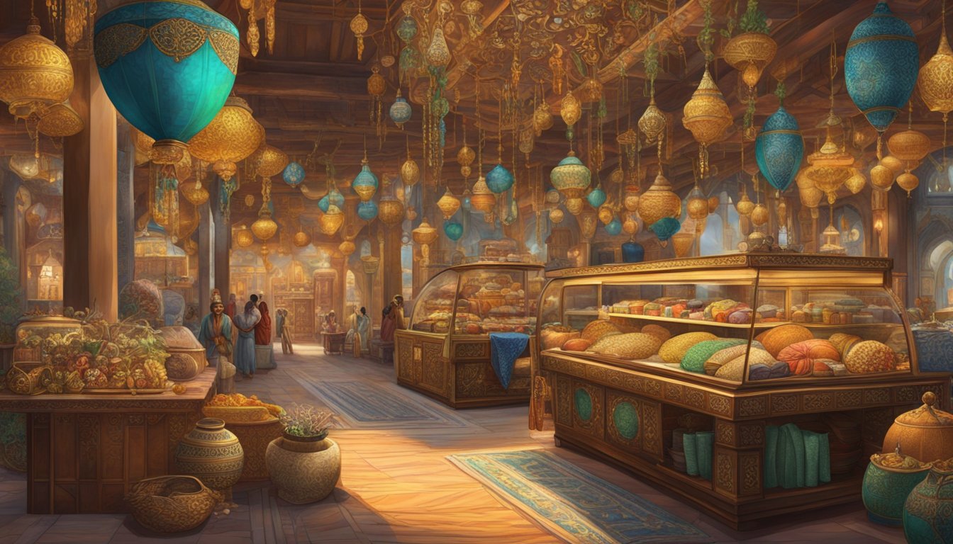 A lavish, exotic marketplace with opulent, foreign goods on display. Rich fabrics, intricate jewelry, and ornate decor beckon to the curious traveler