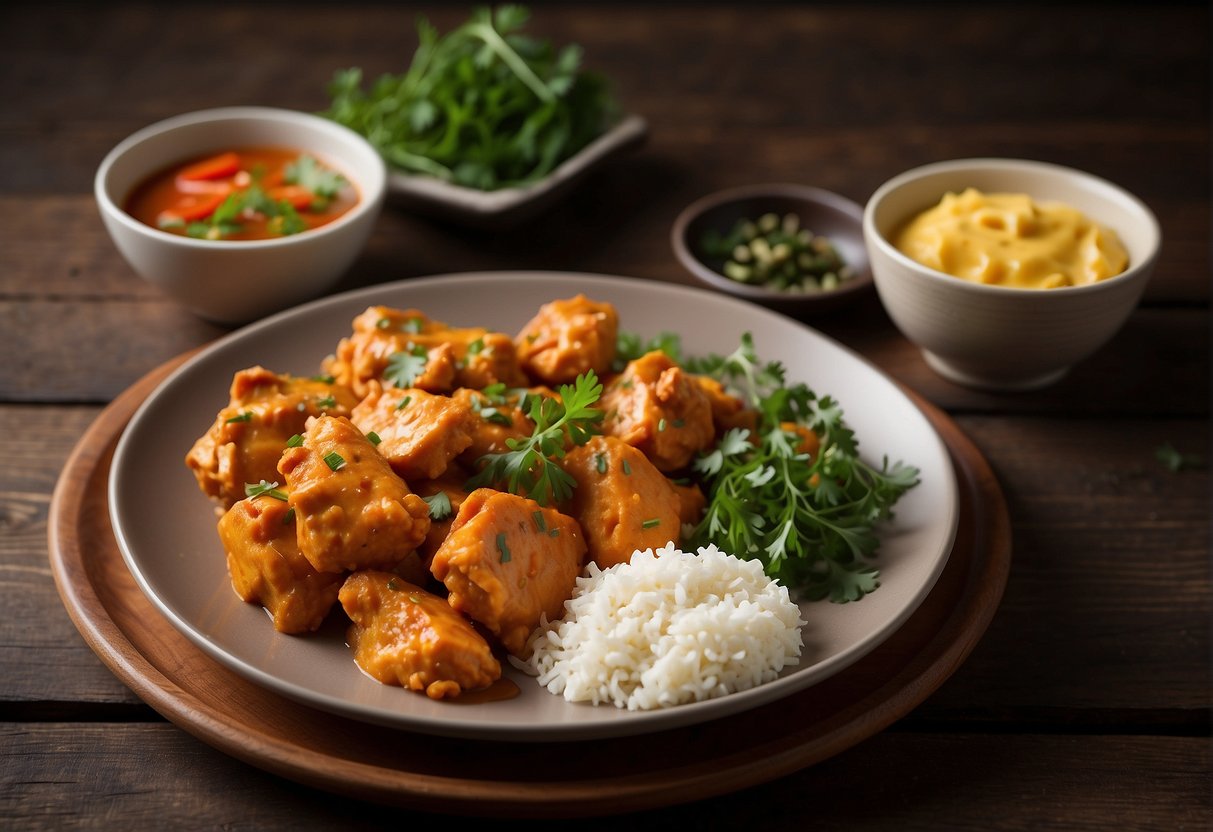 A plate of dry butter chicken with Chinese sides, garnished with fresh herbs and served on a wooden table