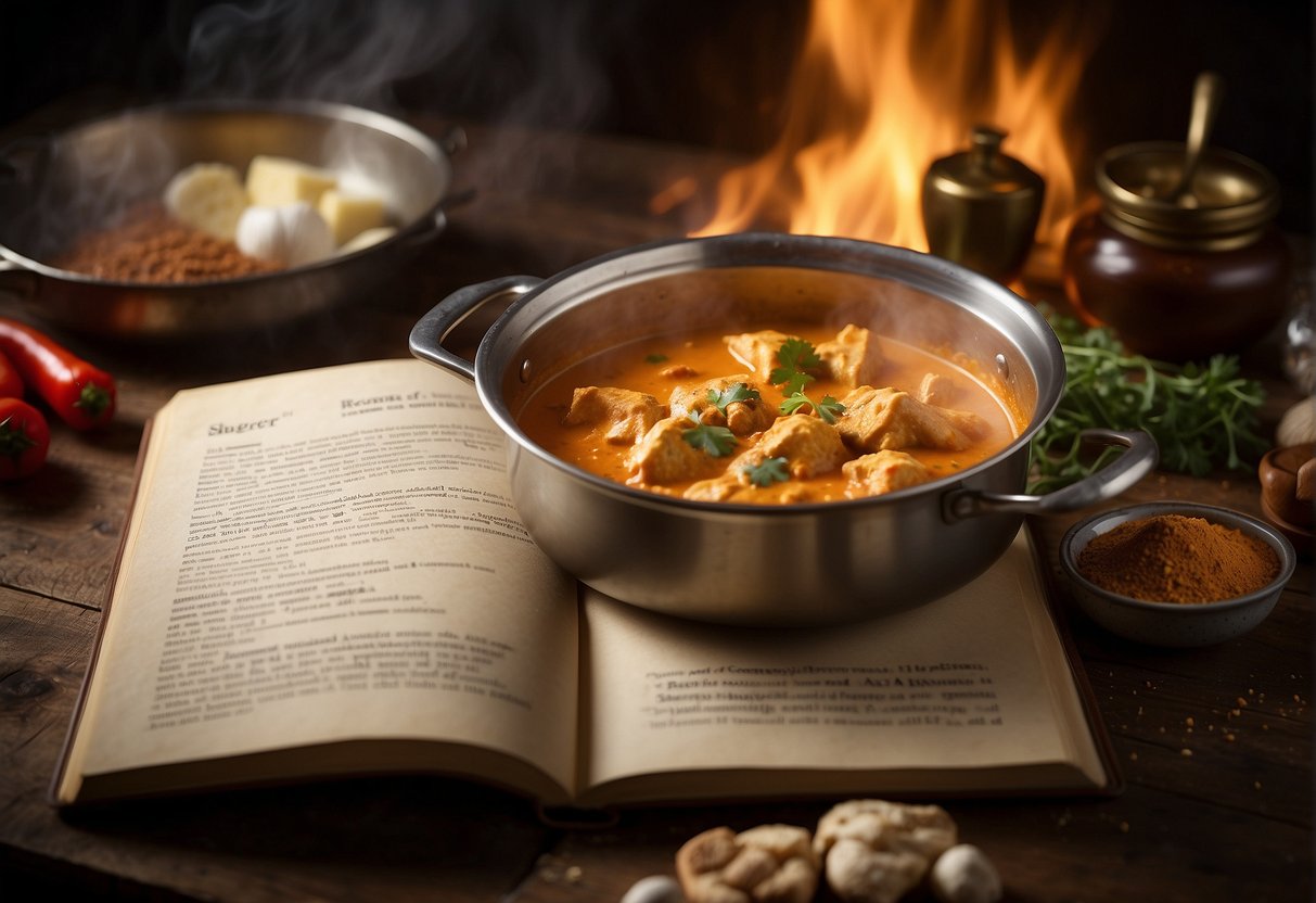 A steaming pot of butter chicken simmering on a stove, surrounded by various spices and ingredients, with a recipe book open to the "Frequently Asked Questions" page