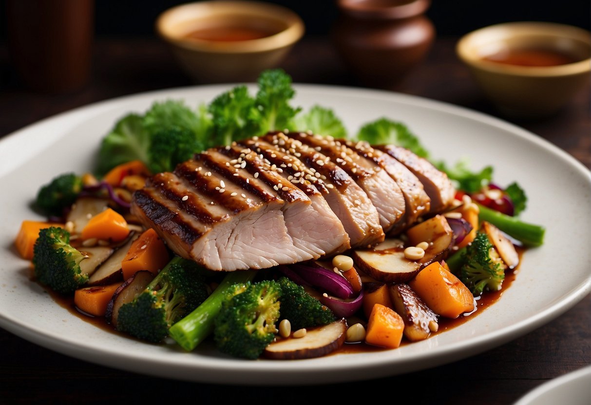 A sizzling duck breast on a bed of stir-fried vegetables, garnished with sesame seeds and drizzled with a savory Chinese sauce