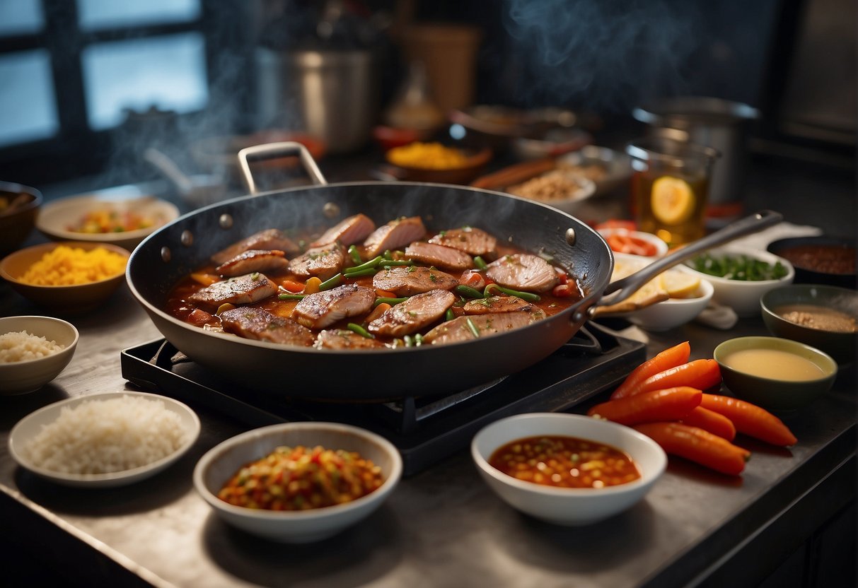 A sizzling hot pan with seared duck breasts, surrounded by Chinese spices, sauces, and leftover ingredients in a cluttered kitchen storage area