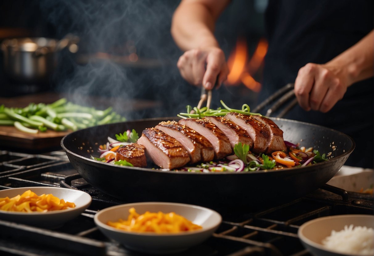 A sizzling duck breast is being pan-seared in a wok with aromatic Chinese spices, creating a tantalizing aroma. The chef is adding a glaze of savory soy sauce and honey, finishing off the dish with a sprinkle of green onions