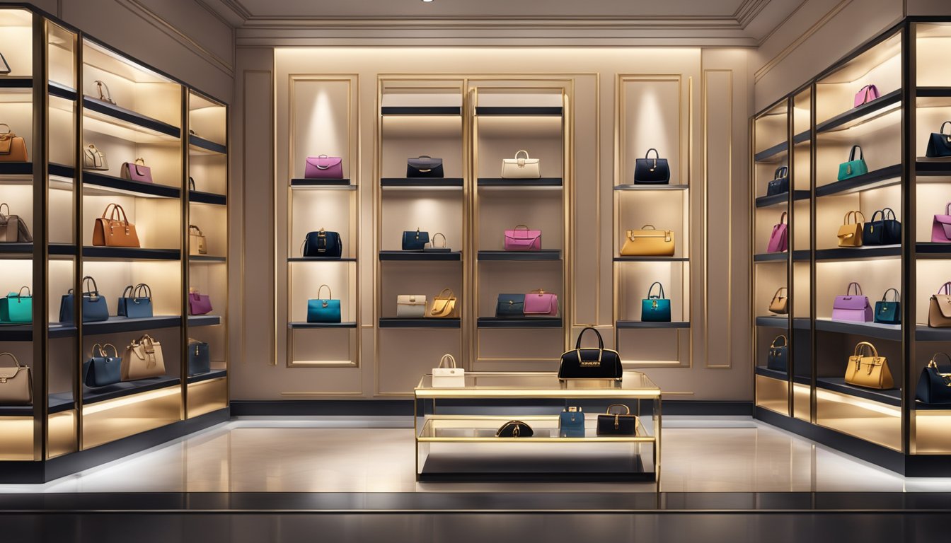 Luxury handbags displayed on velvet shelves in a high-end boutique. Bright spotlight illuminates the iconic logos and exquisite craftsmanship