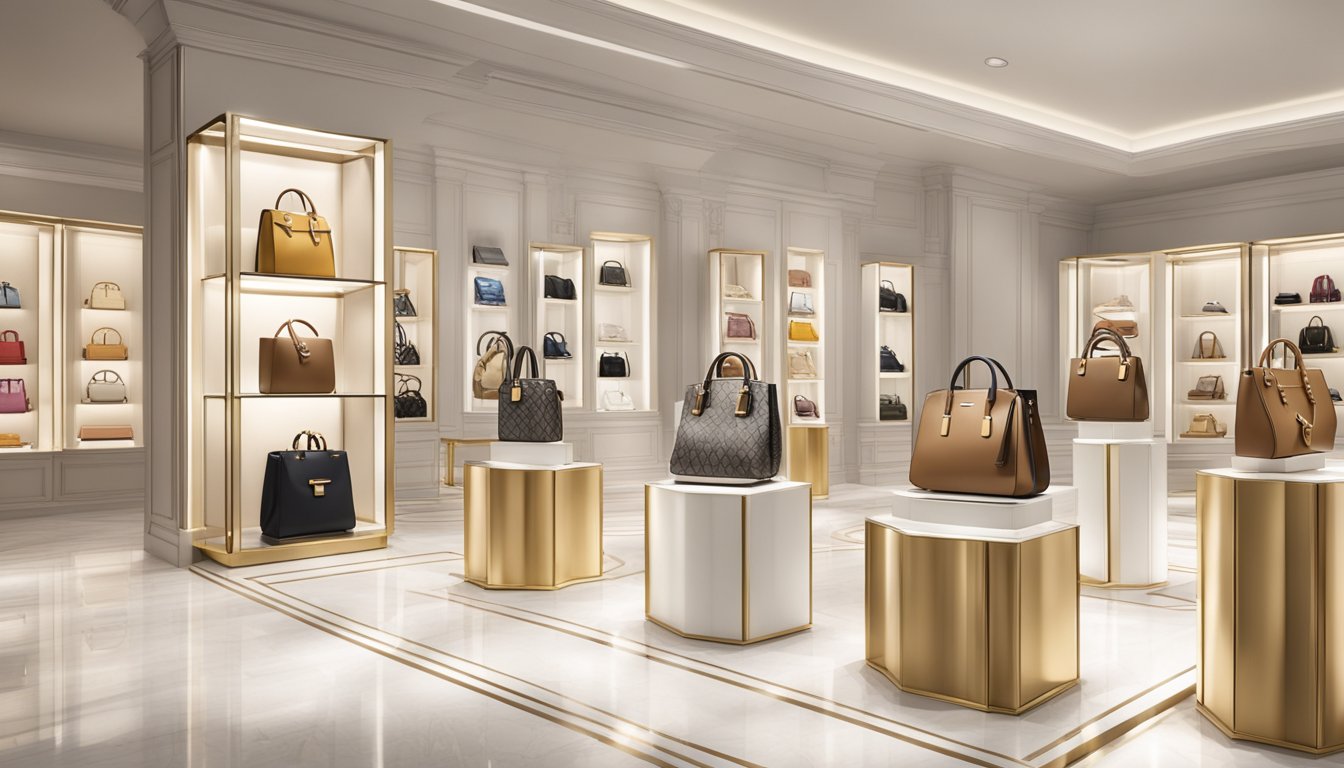 Luxury handbags displayed on pedestals, each with distinct designs and logos. Bright lights highlight the iconic features of each brand's signature bags