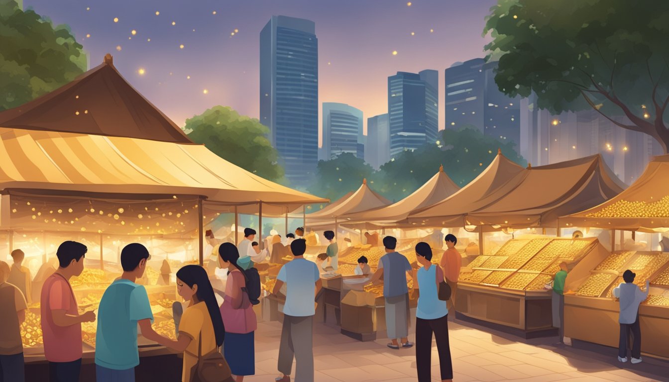 A bustling marketplace in Singapore, with vendors selling gleaming gold jewelry and coins. Customers haggle and examine the precious metal under the warm glow of the sun
