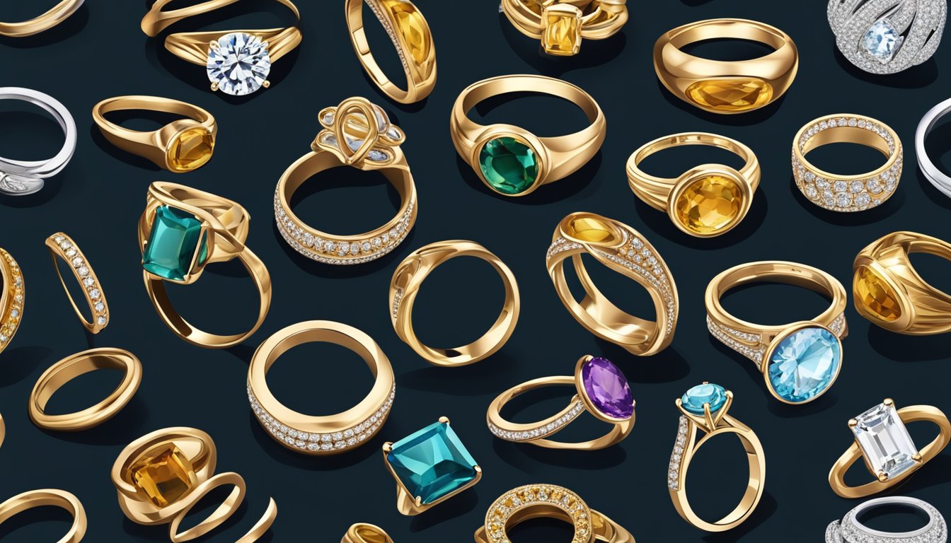 Shiny, elegant rings from famous brands displayed on velvet cushions in a luxurious jewelry store