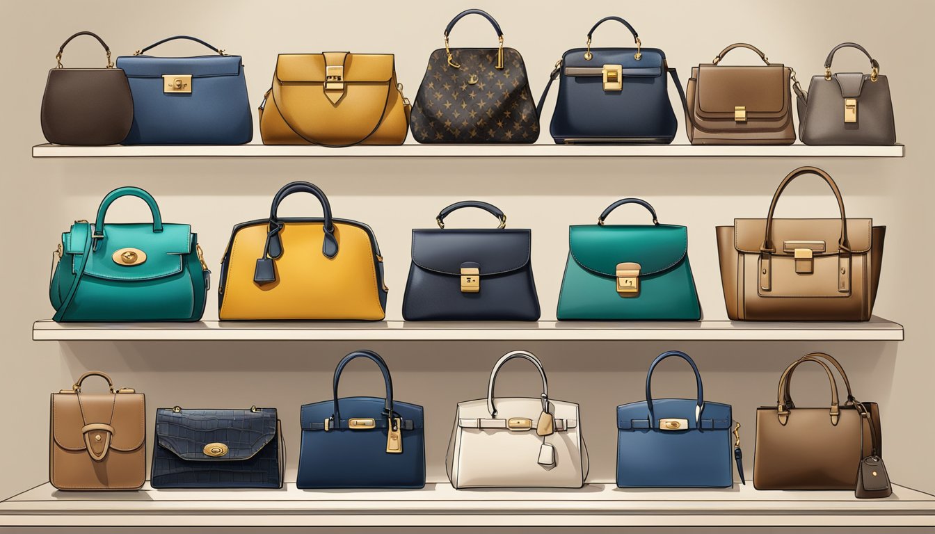 A row of iconic handbags displayed on a gleaming shelf, showcasing their timeless designs and luxurious materials. The focus is on durability, resale value, and sustainable choices