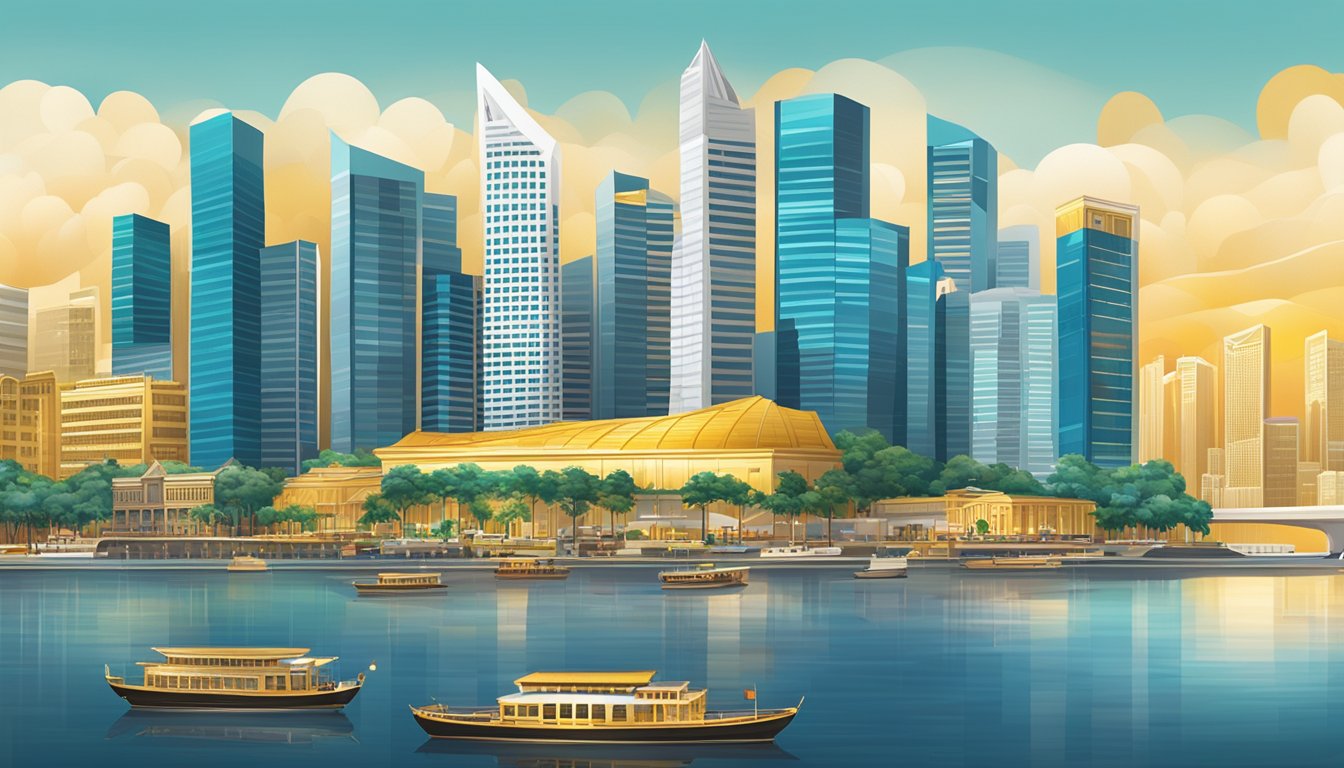 A vibrant Singapore skyline with a prominent gold market, showcasing the city's financial prowess and the allure of investing in gold