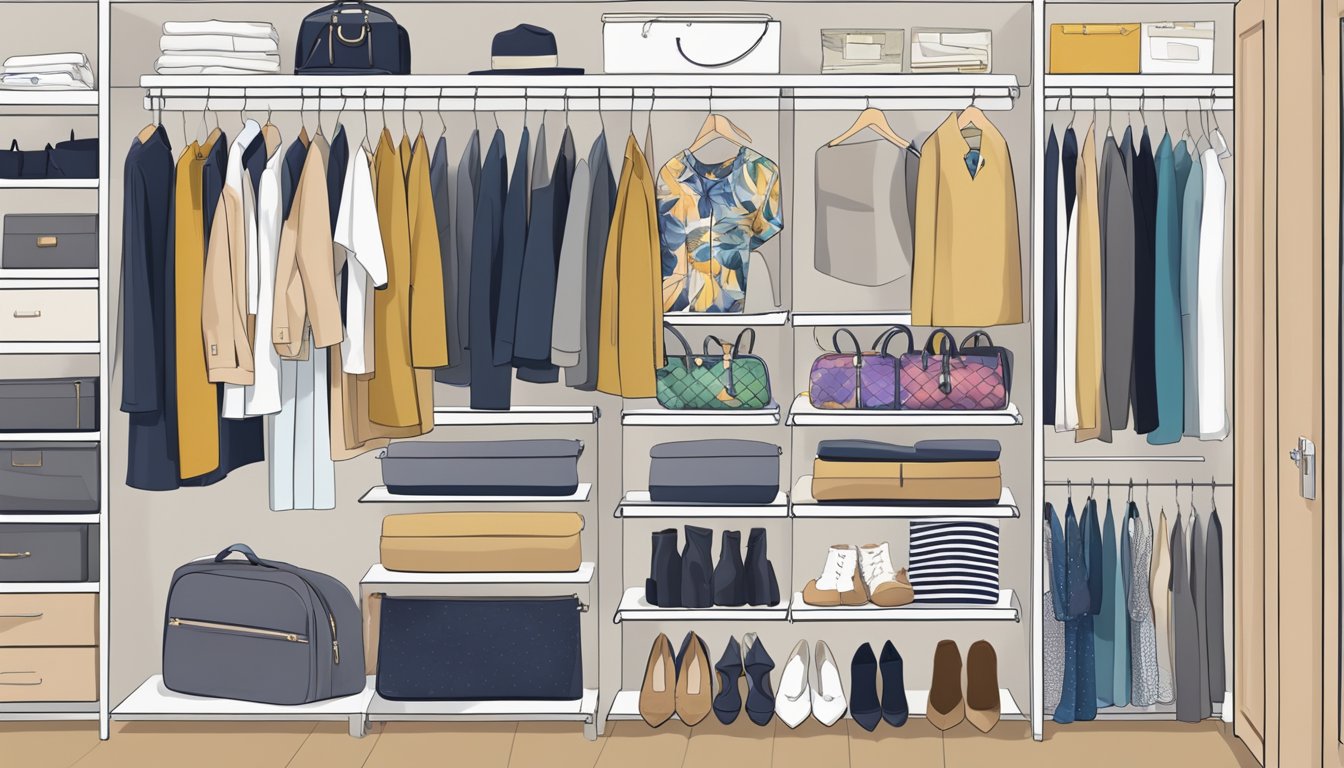 A closet filled with neatly organized mid-range brand clothing, featuring stylish pieces and accessories for a fashionable wardrobe