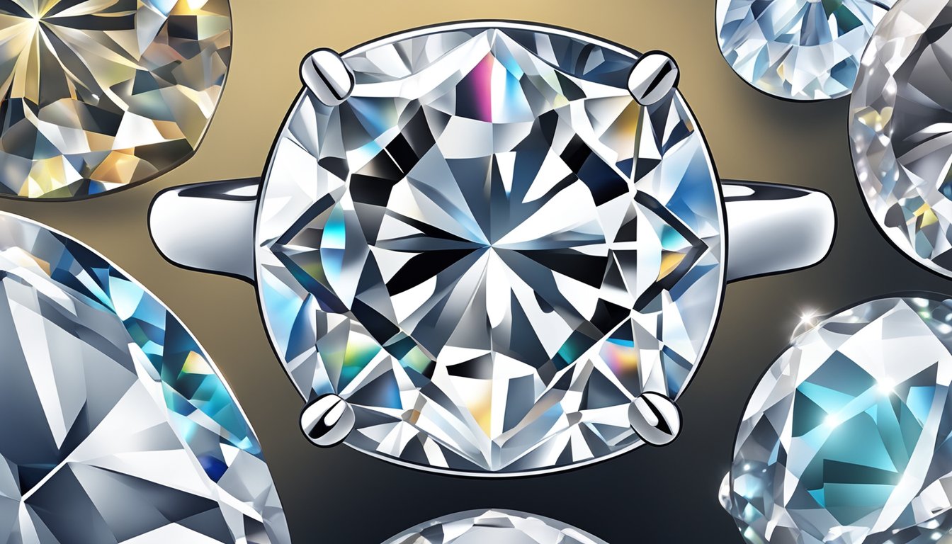 A sparkling diamond ring surrounded by magnified images of cut, clarity, color, and carat