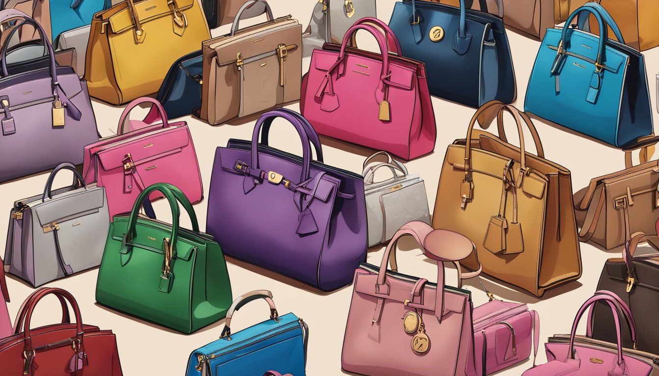 A display of iconic handbags with brand logos, surrounded by question marks and a crowd of curious shoppers