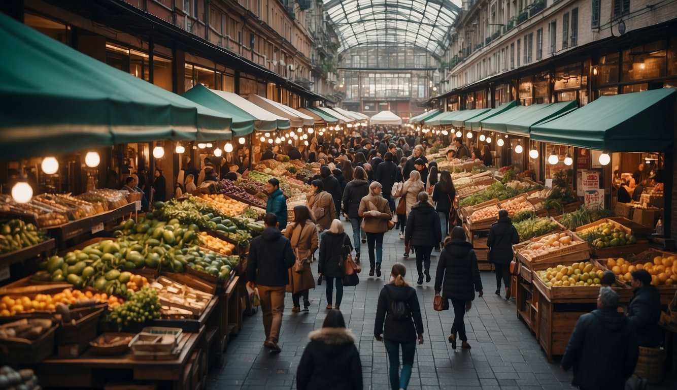 A bustling market with diverse consumers browsing high-end goods