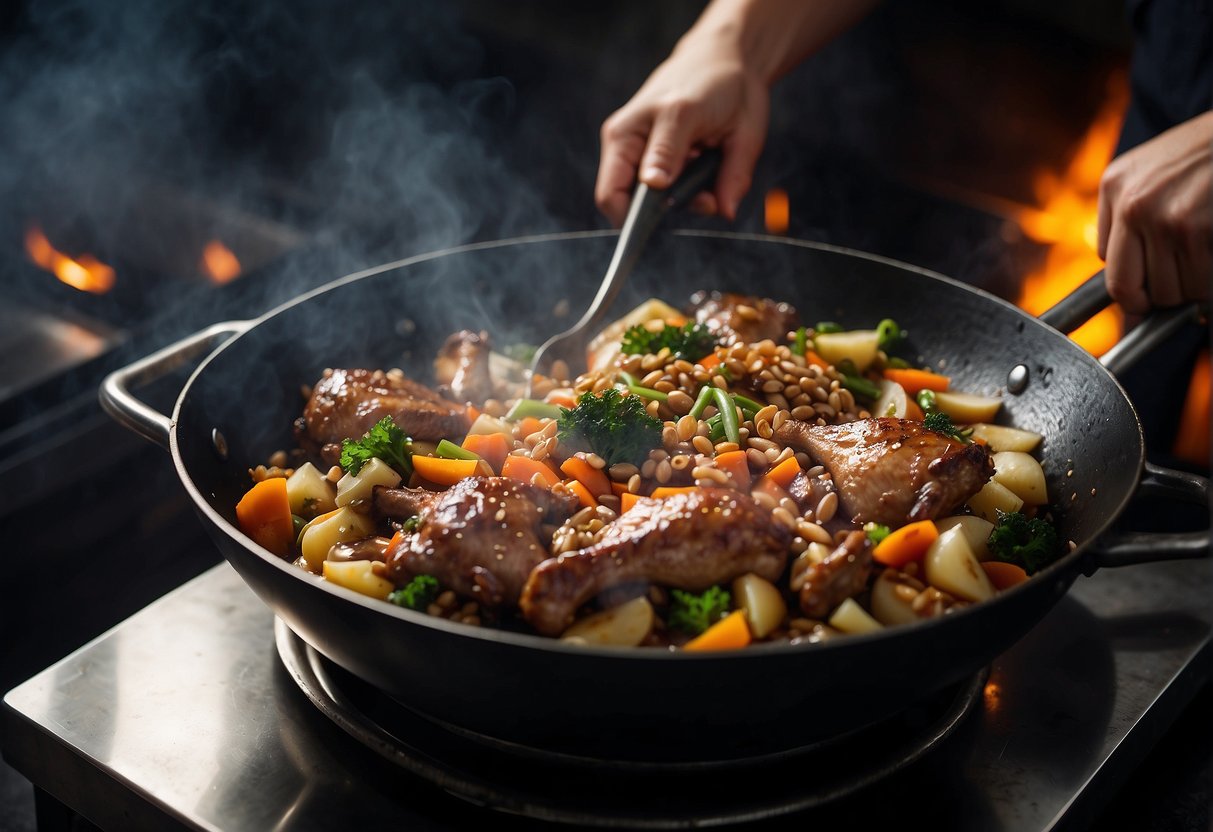 A chef stir-fries duck legs with ginger, garlic, and soy sauce in a sizzling wok, creating a mouthwatering Chinese dish
