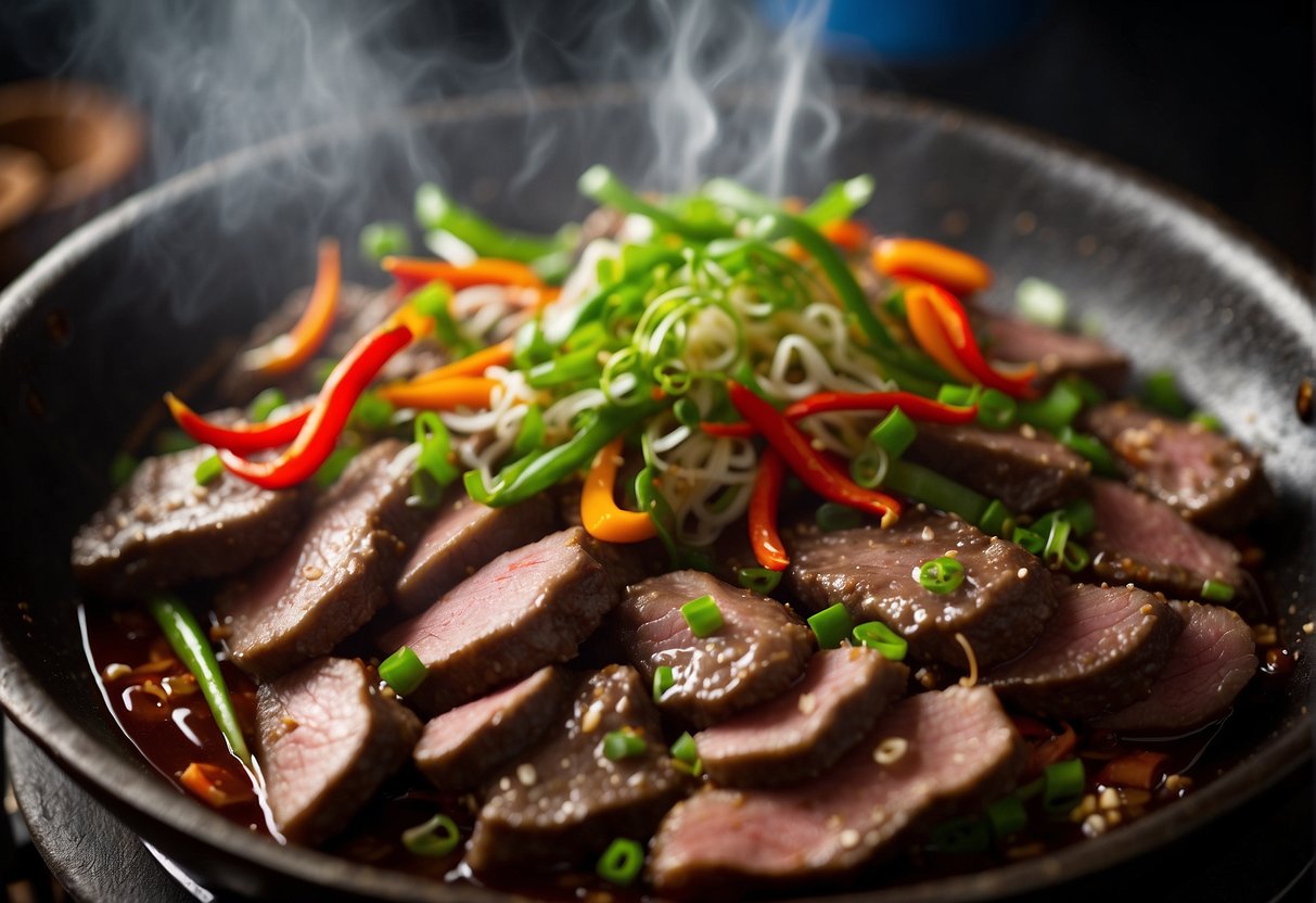 Sizzling beef tongue in a wok with garlic, ginger, and soy sauce. Green onions and chili peppers add color and spice