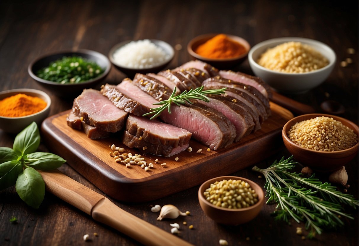 A cutting board with sliced beef tongue, ginger, garlic, and soy sauce, surrounded by various spices and herbs