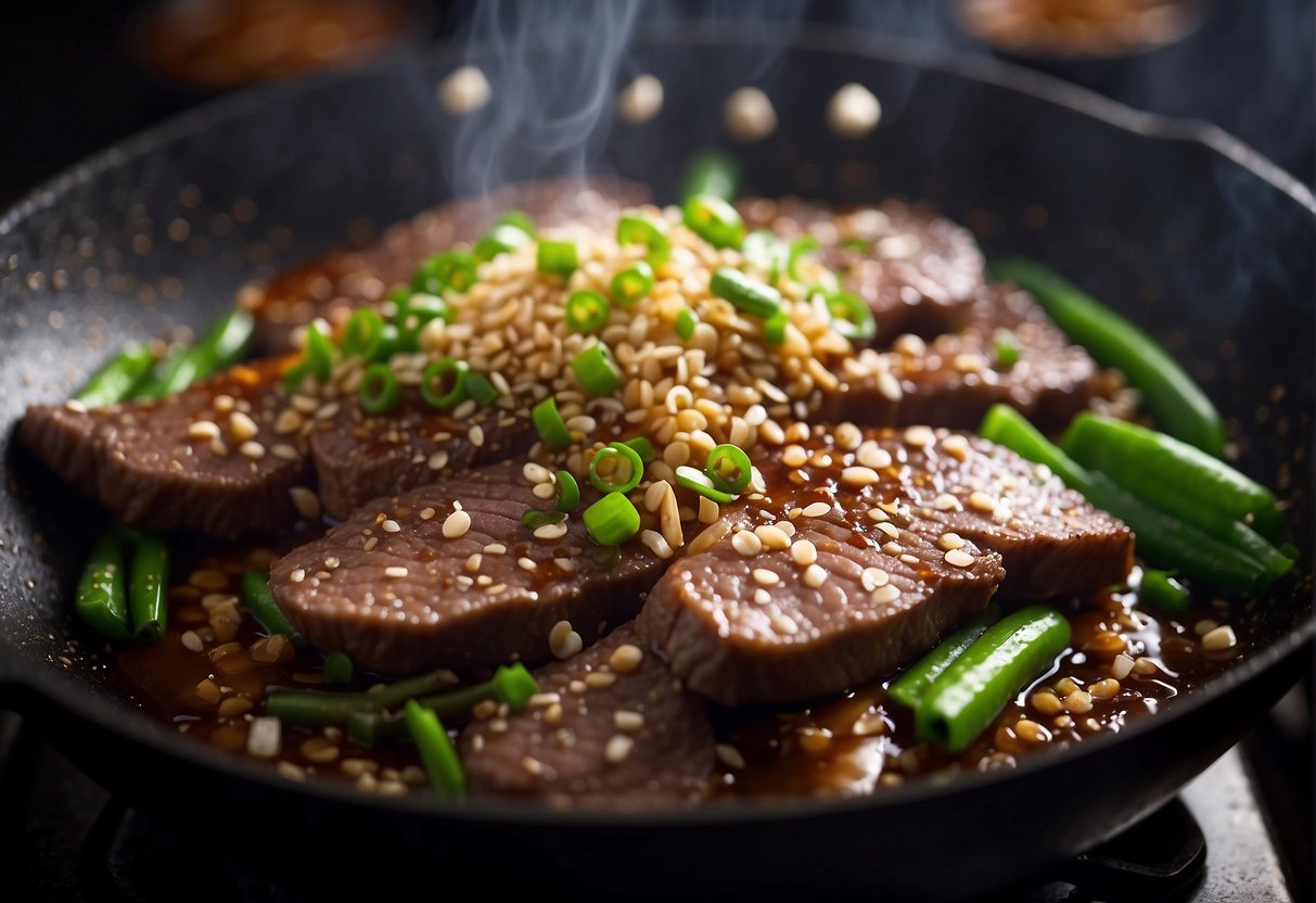 Beef tongue sizzling in a wok with ginger, garlic, and soy sauce. Steam rising, creating a savory aroma. Chopped scallions and sesame seeds sprinkled on top