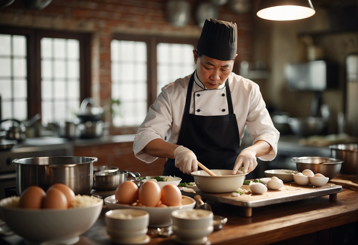 A Chinese chef prepares duck egg recipes in a bustling kitchen. Ingredients and cooking utensils are spread out on a wooden table