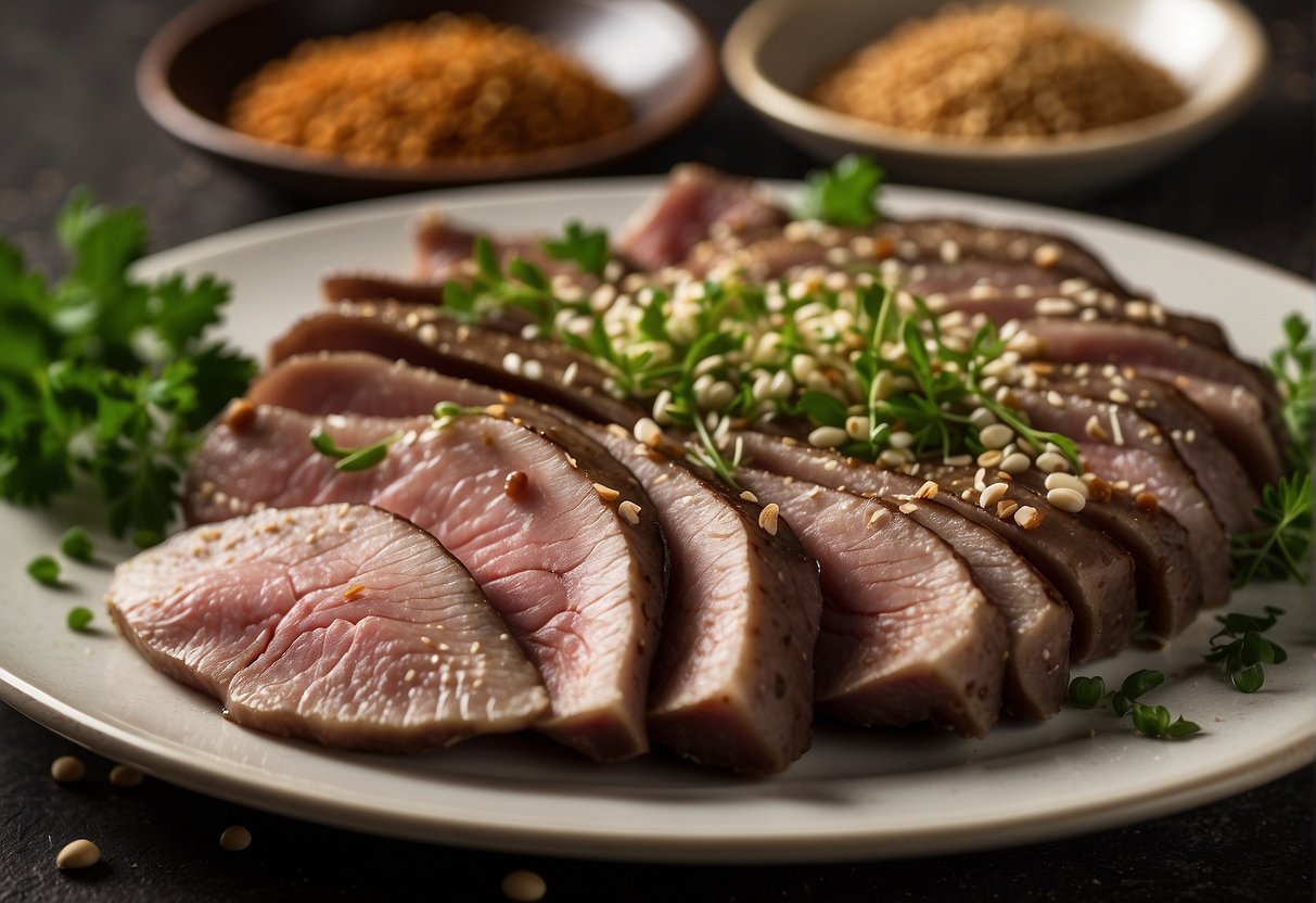 Beef tongue sliced and arranged on a plate, garnished with fresh herbs and sesame seeds, with a side of soy sauce